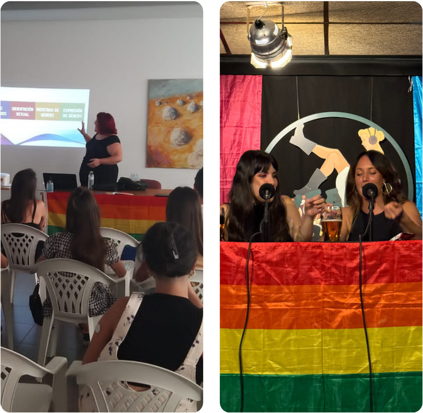 Una fotografía del pódcast Casquería Fina en nuestro aniversario y otra de una de las charlas organizadas por la asociación en 2023.